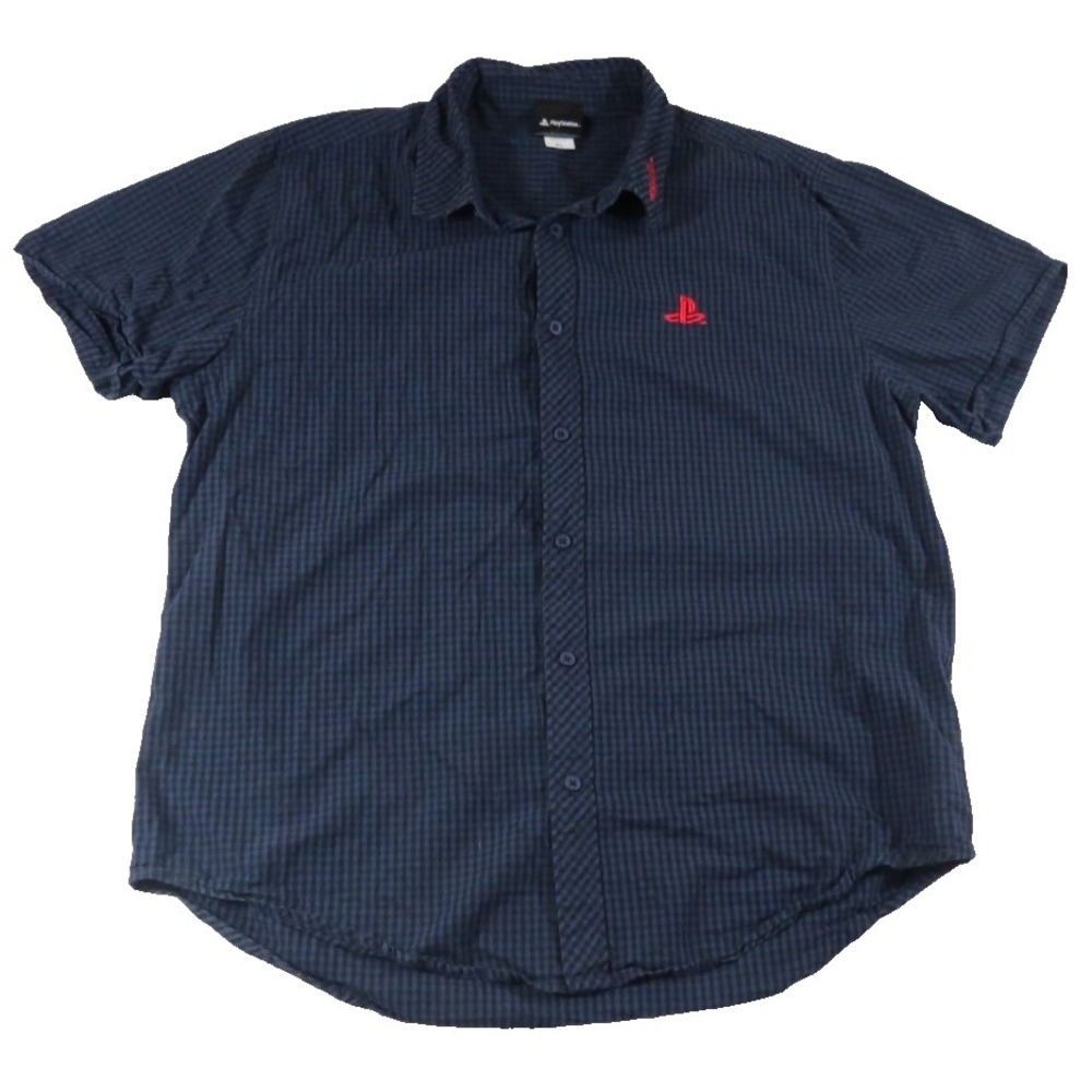 PlayStation Mens XL Blue Gingham 100% Cotton Button Up Gaming Shirt Embroidered